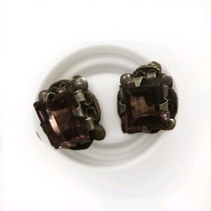 Vintage Art Deco Ruby Red Glass Screw Back Earrings Marked "Silver"